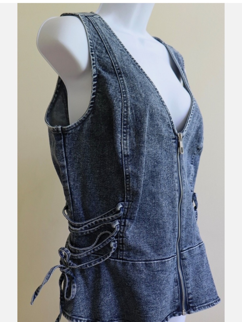 Venus Dark Wash Denim Zip Front Tank with Side Lace-Up - Picture 3 of 5